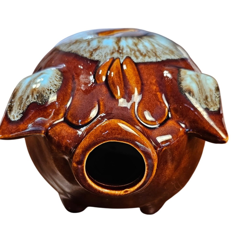 Vintage 1957 Hull Pottery Corky Pig Piggy Bank Brown Drip Glaze USA HP Co